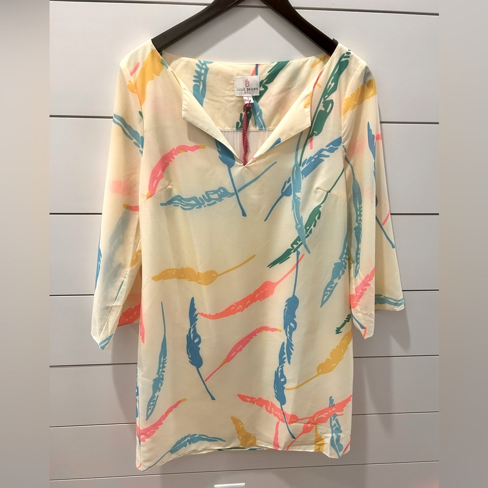 Julie Brown New York. NWT. Sz.8. Super fun dress with bright feathers.